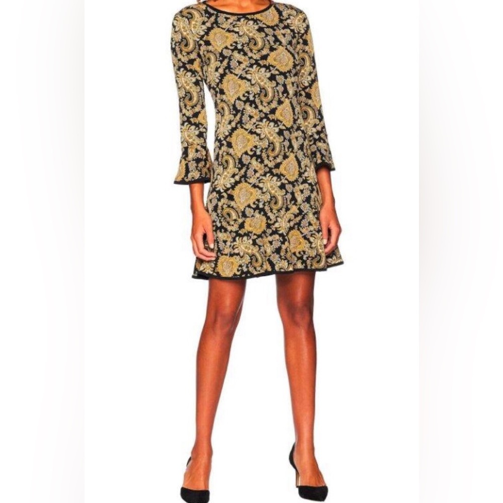 MICHAEL Michael Kors | Paisley Print Bell Sleeve Black & Marigold Dress, Size L